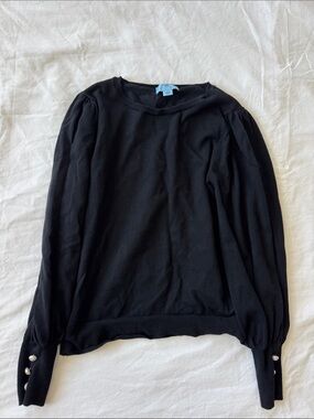 Black Puff-Sleeve Sweater with Pearl Button Cuffs